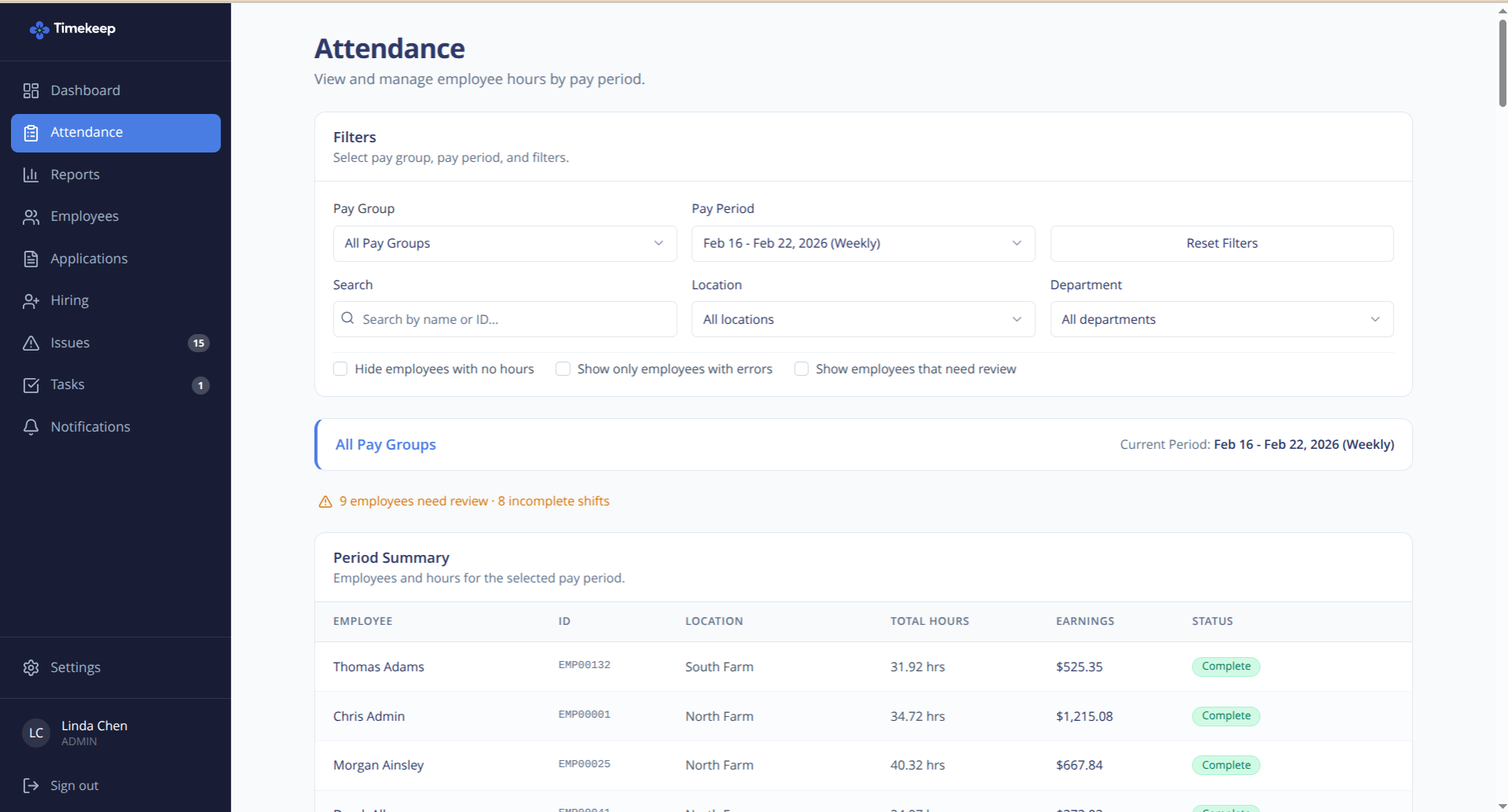TimeKeep attendance dashboard