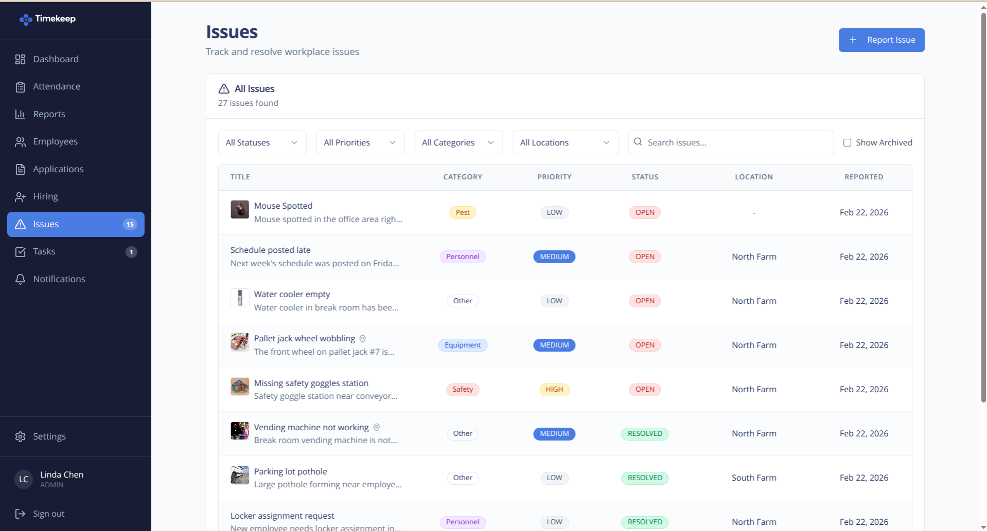 TimeKeep issue tracking